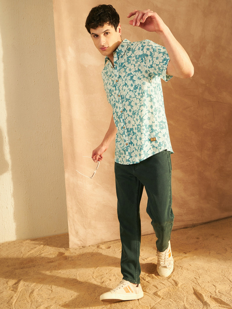Men's Block Printed Lightweight Thin Cotton Floral Shirt