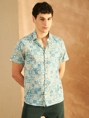 Cream & Blue: Half Sleeves Block Printed Shirt