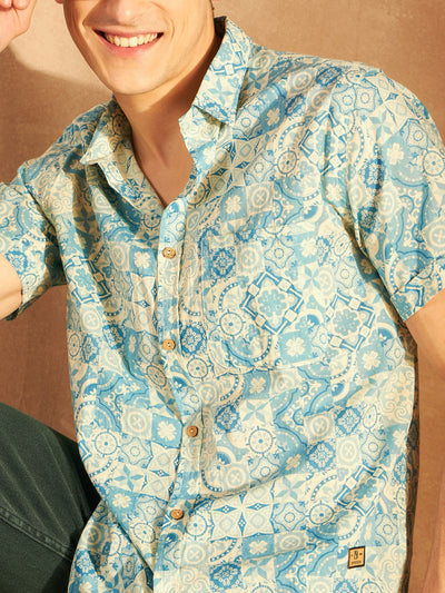 Cream & Blue: Half Sleeves Block Printed Shirt