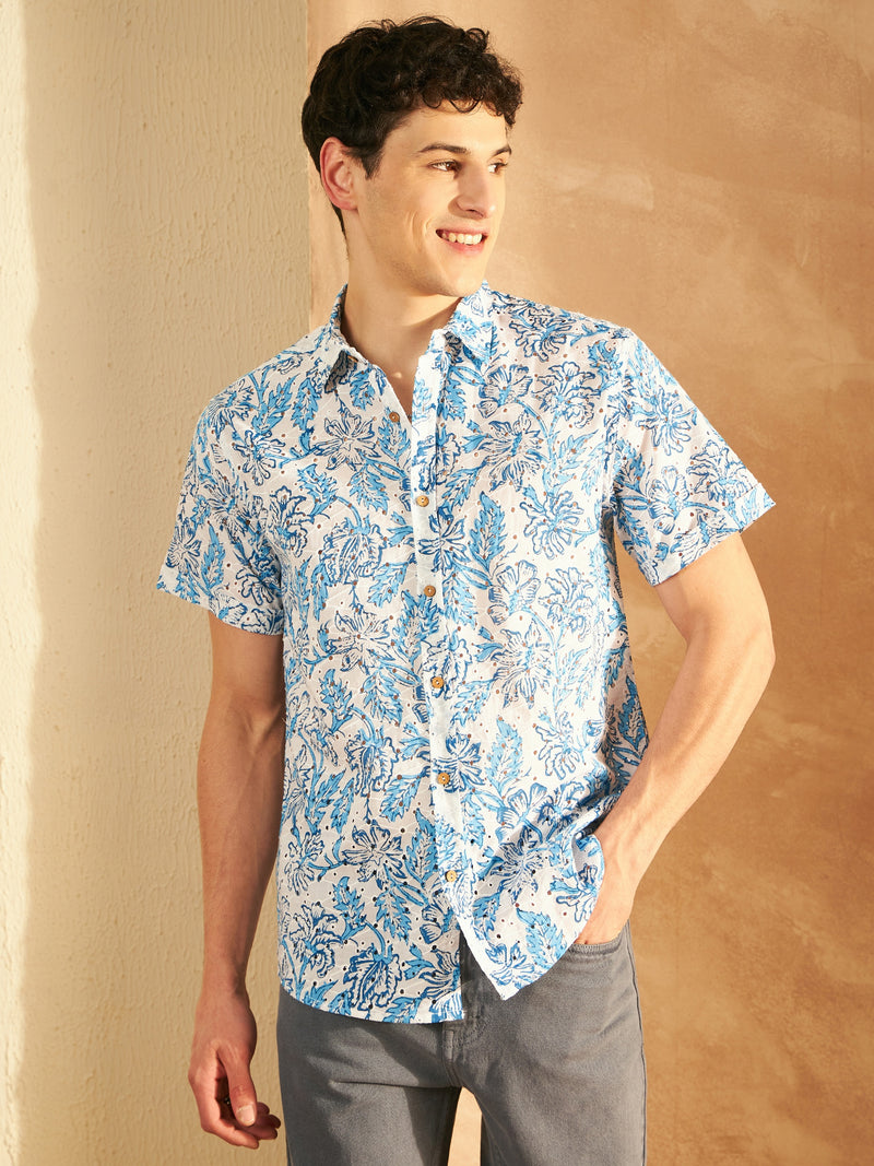 White & Blue: Half Sleeves Schiffli Casual Printed Shirt