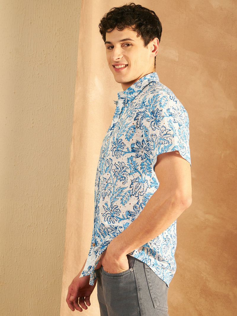 White & Blue: Half Sleeves Schiffli Casual Printed Shirt