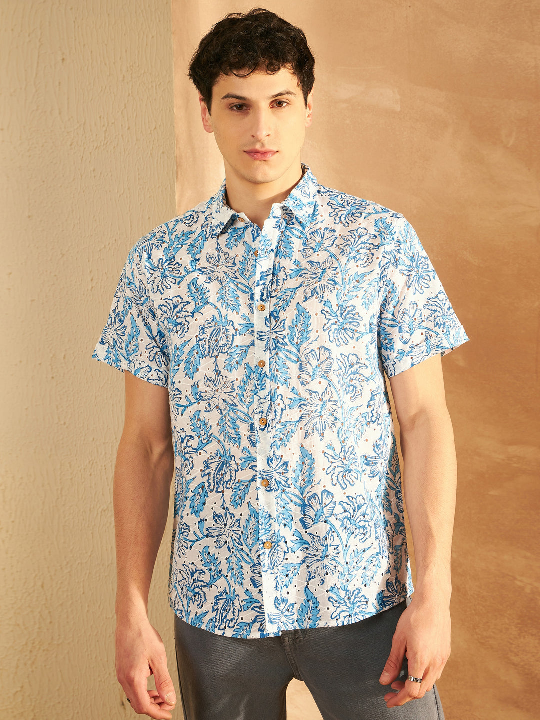 DENNISON White & Blue Printed Schiffli Casual Shirt