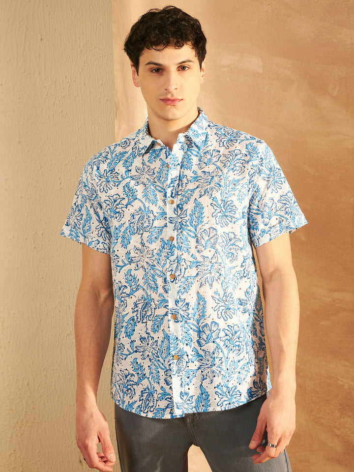 DENNISON White & Blue Printed Schiffli Casual Shirt