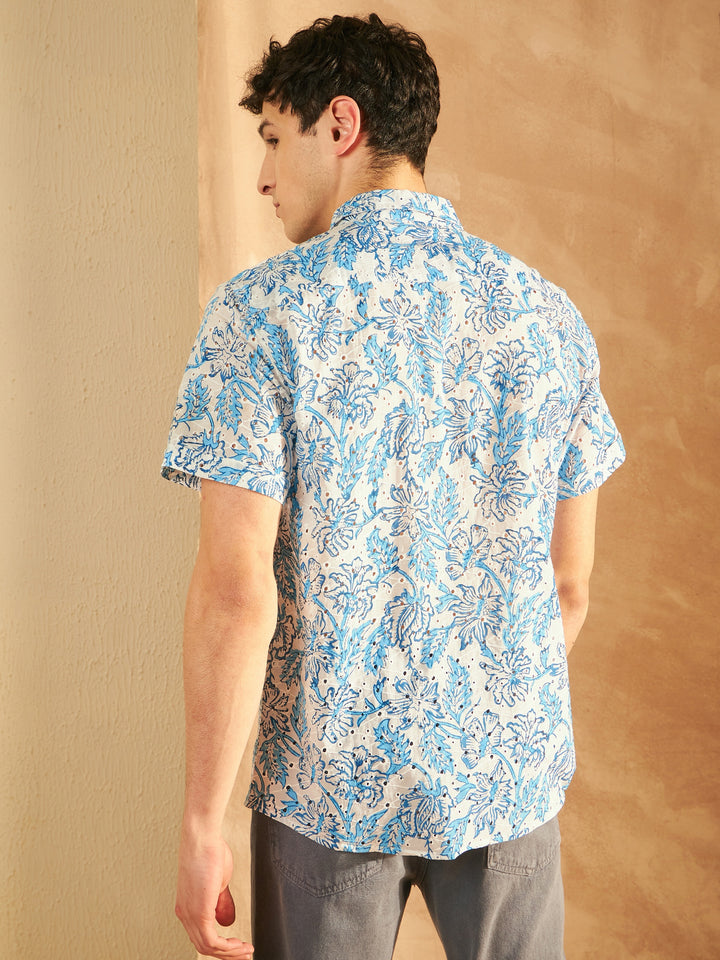 DENNISON White & Blue Printed Schiffli Casual Shirt