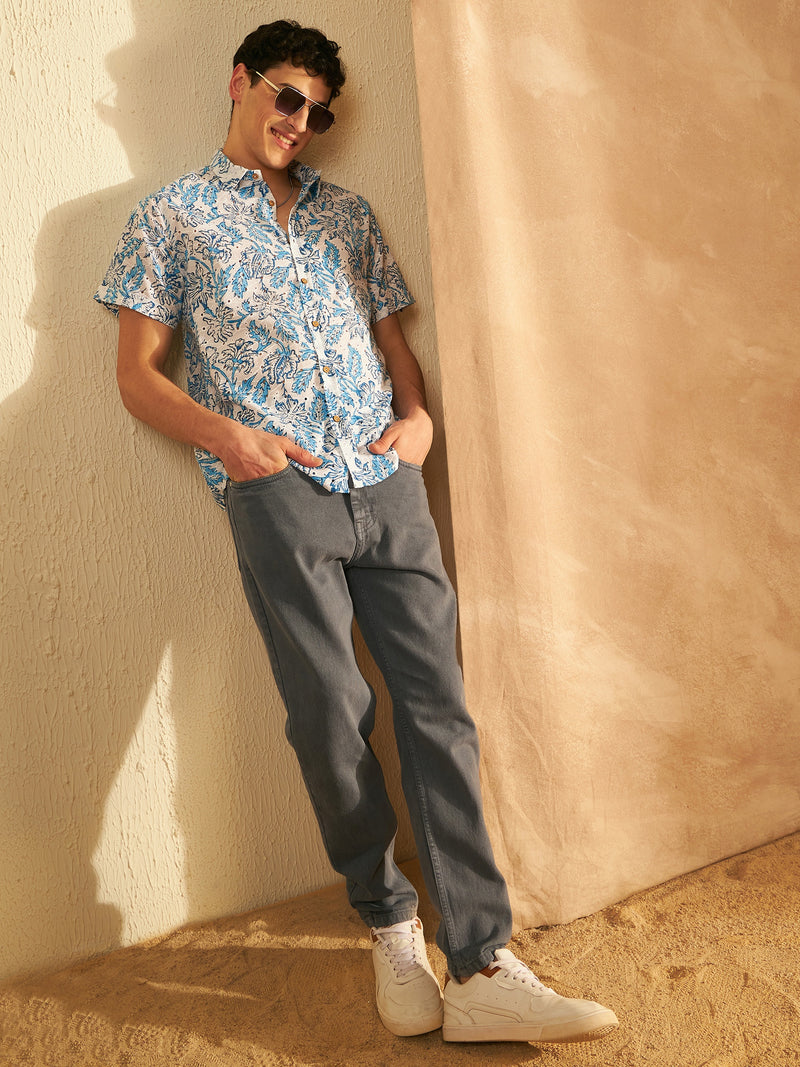 White & Blue: Half Sleeves Schiffli Casual Printed Shirt
