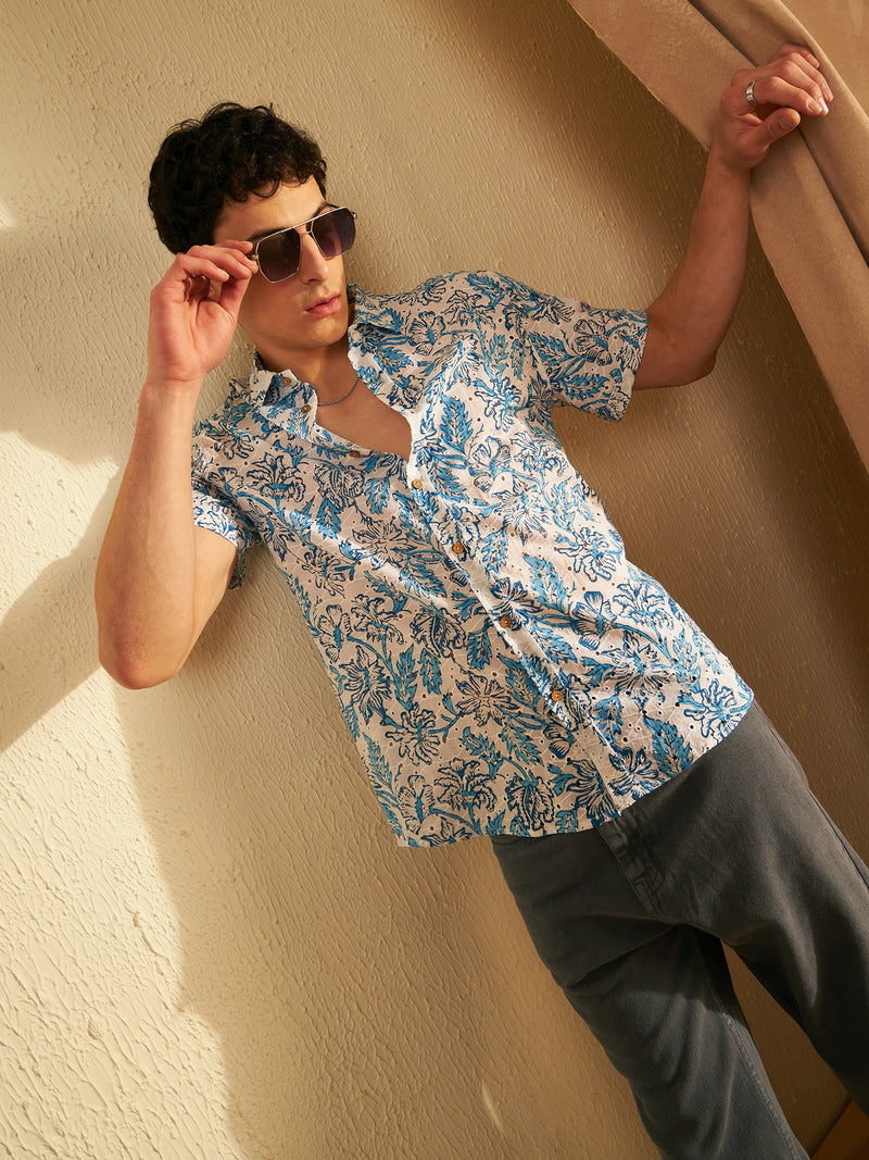 White & Blue: Half Sleeves Schiffli Casual Printed Shirt