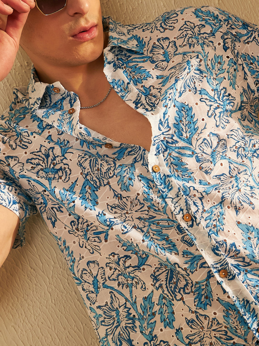 DENNISON White & Blue Printed Schiffli Casual Shirt