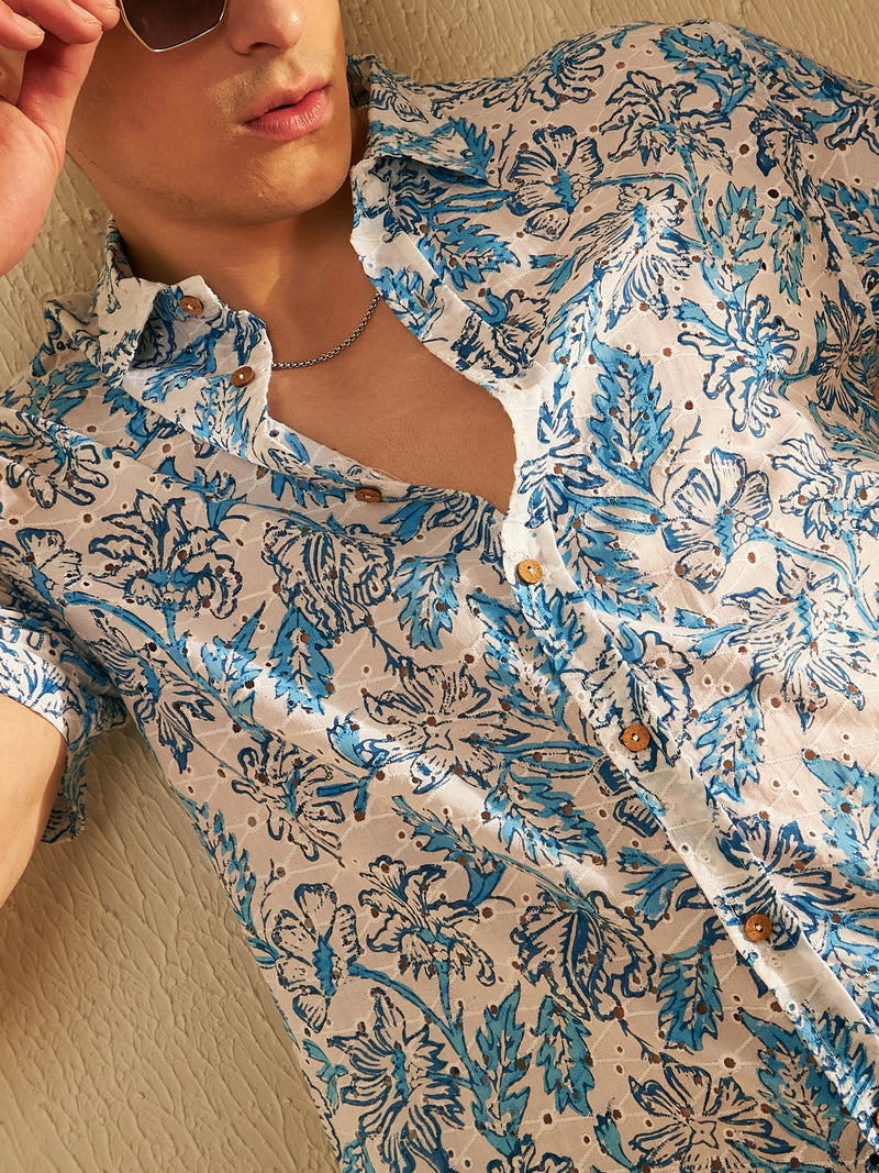 White & Blue: Half Sleeves Schiffli Casual Printed Shirt