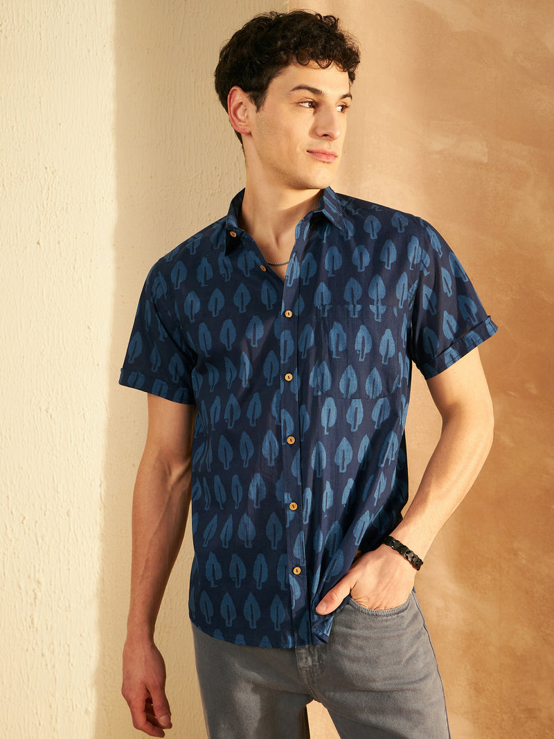 Navy Blue: Half Sleeves Block Printed  Shirt