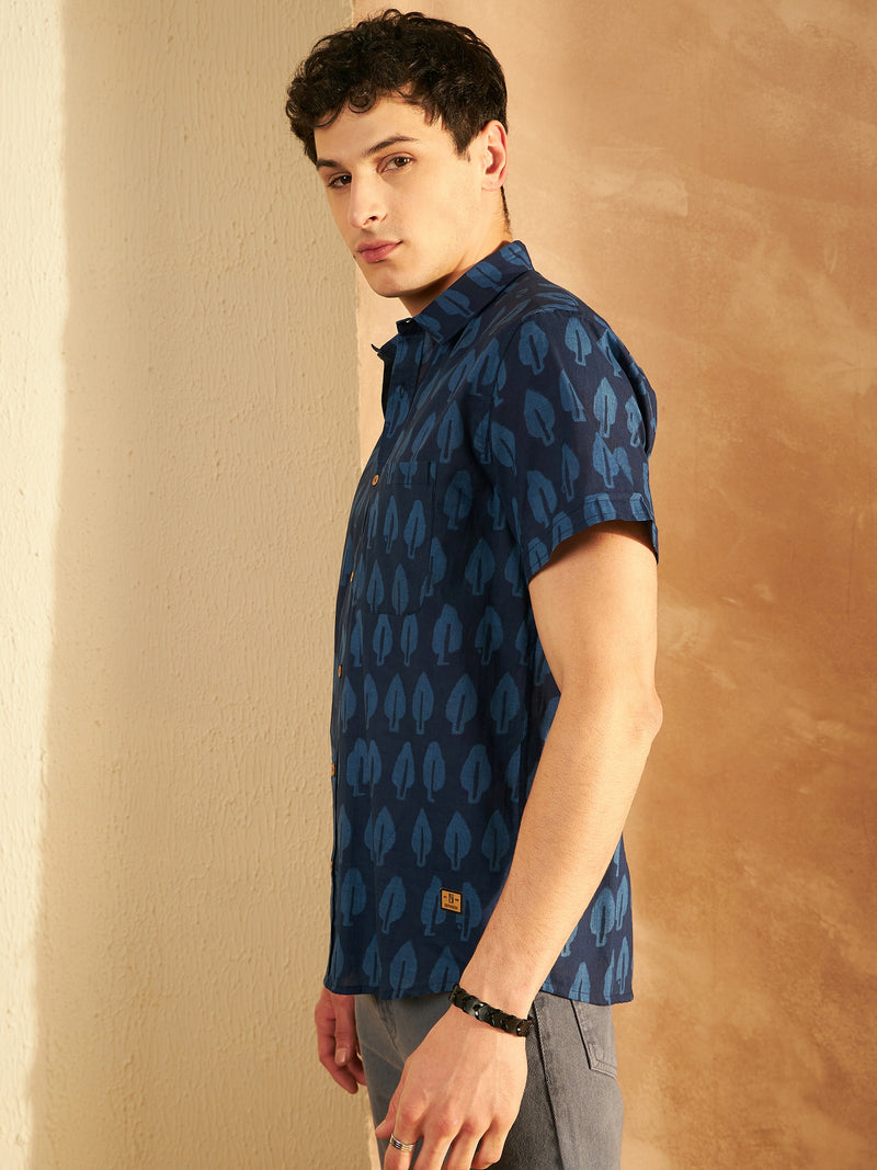 Navy Blue: Half Sleeves Block Printed  Shirt