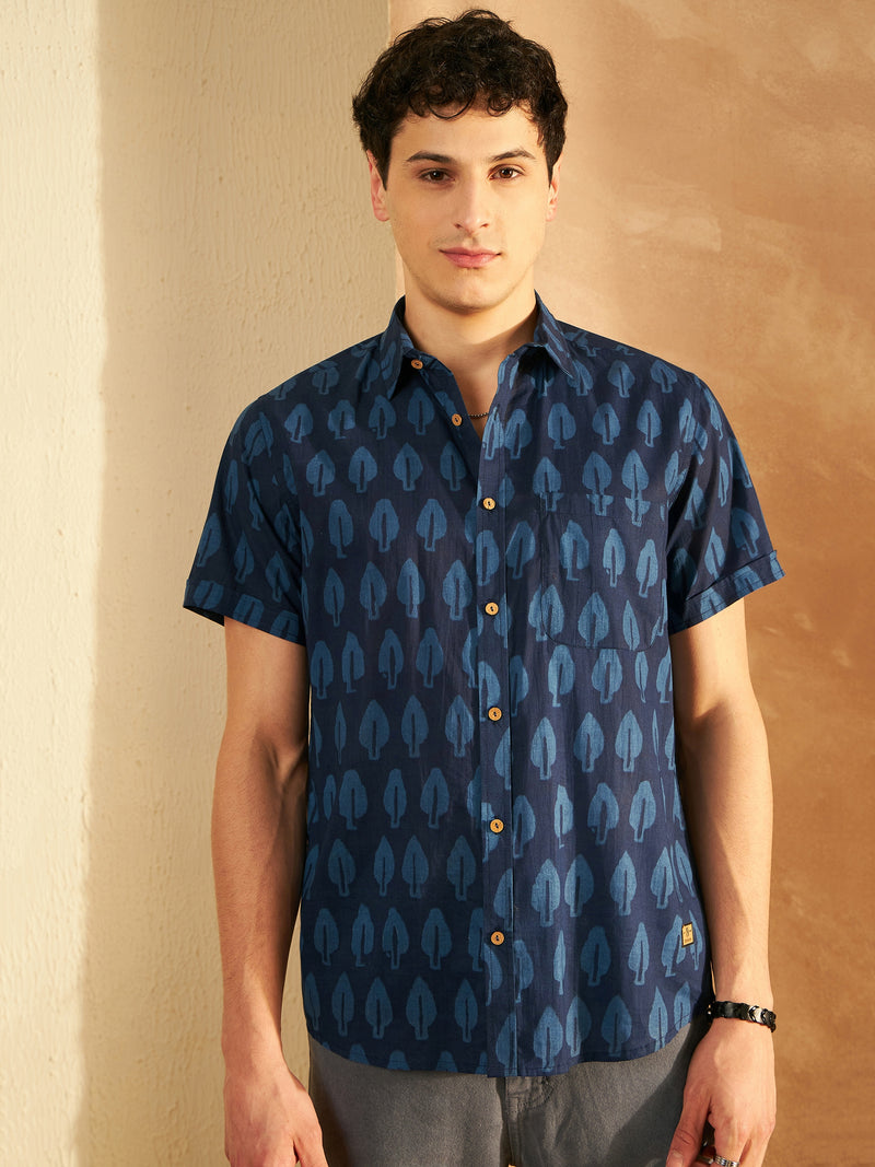 Navy Blue: Half Sleeves Block Printed  Shirt