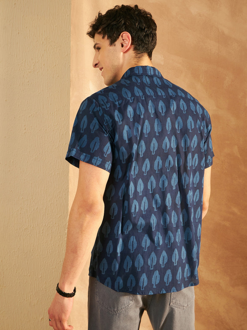 Navy Blue: Half Sleeves Block Printed  Shirt