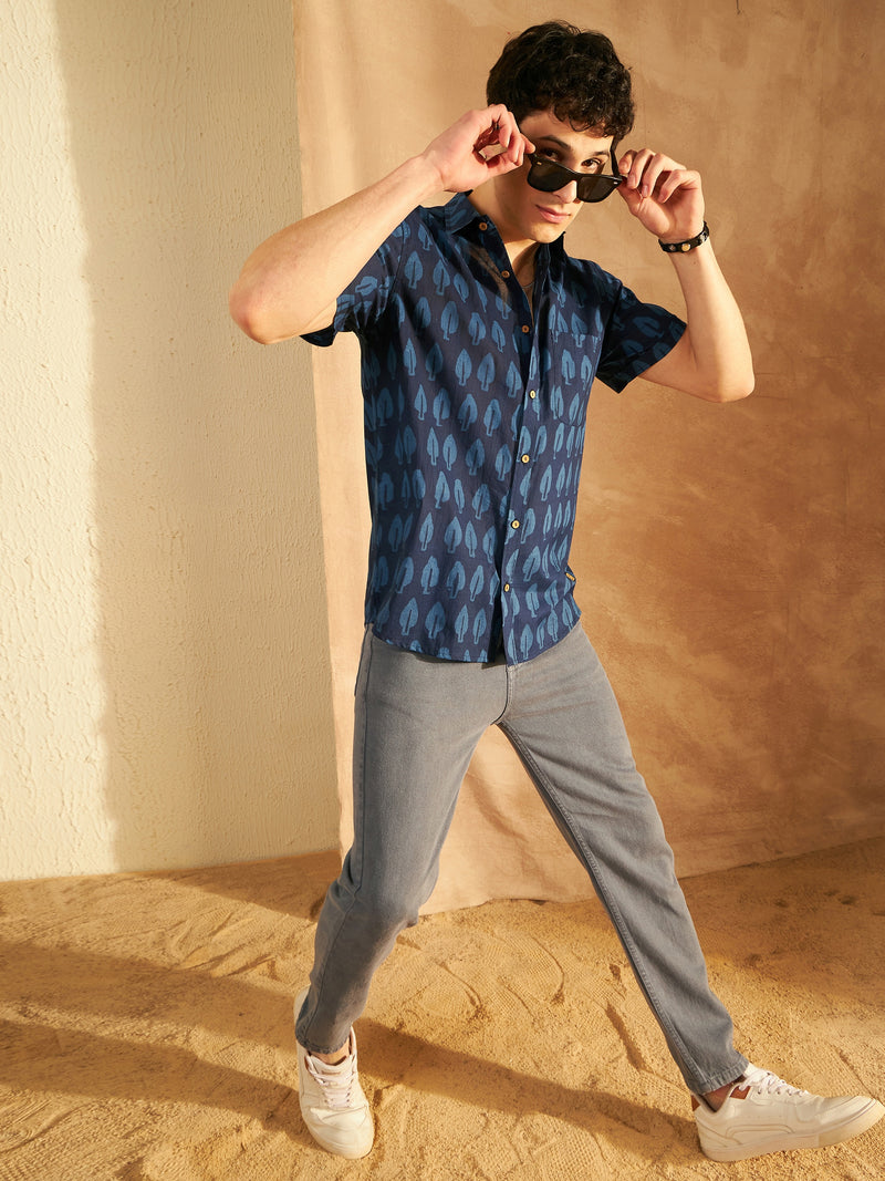 Navy Blue: Half Sleeves Block Printed  Shirt