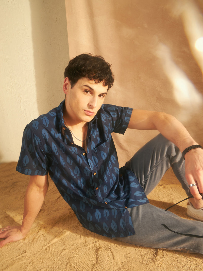 Navy Blue: Half Sleeves Block Printed  Shirt