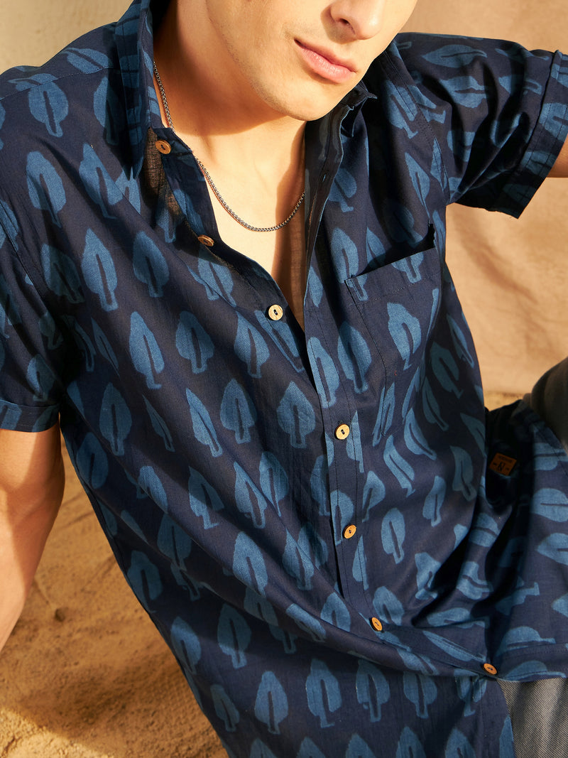 Navy Blue: Half Sleeves Block Printed  Shirt