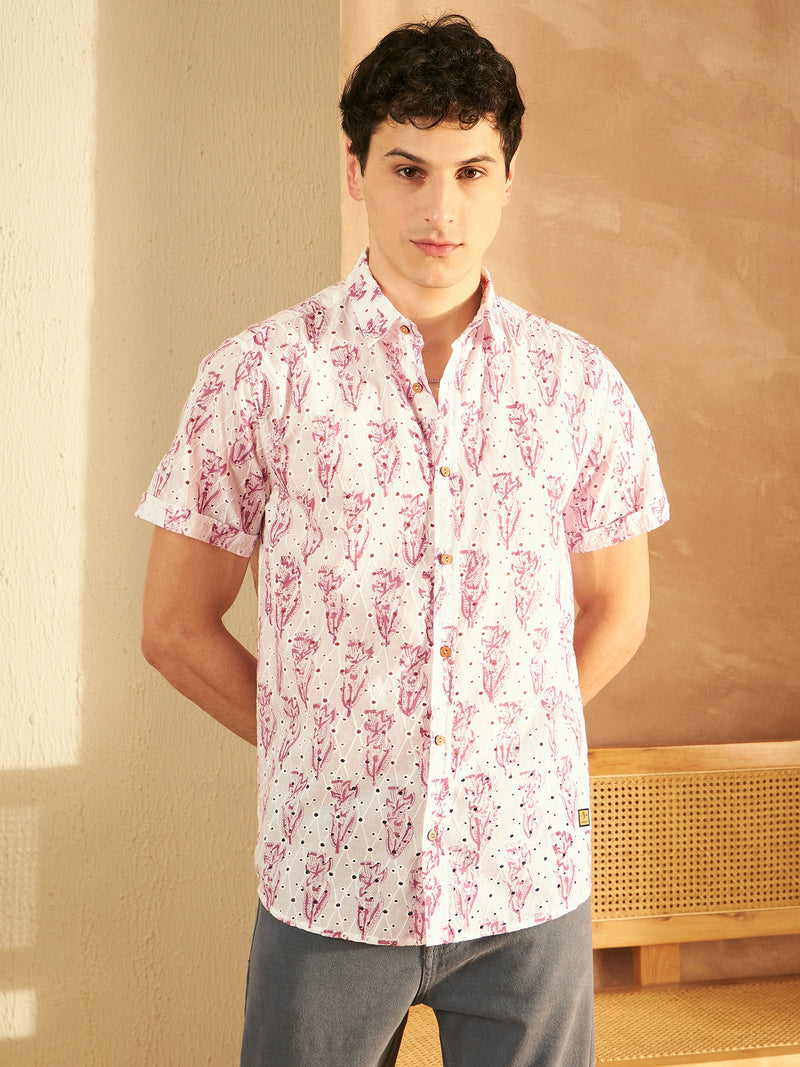 White & Pink: Half Sleeves Schiffli Casual Printed Shirt