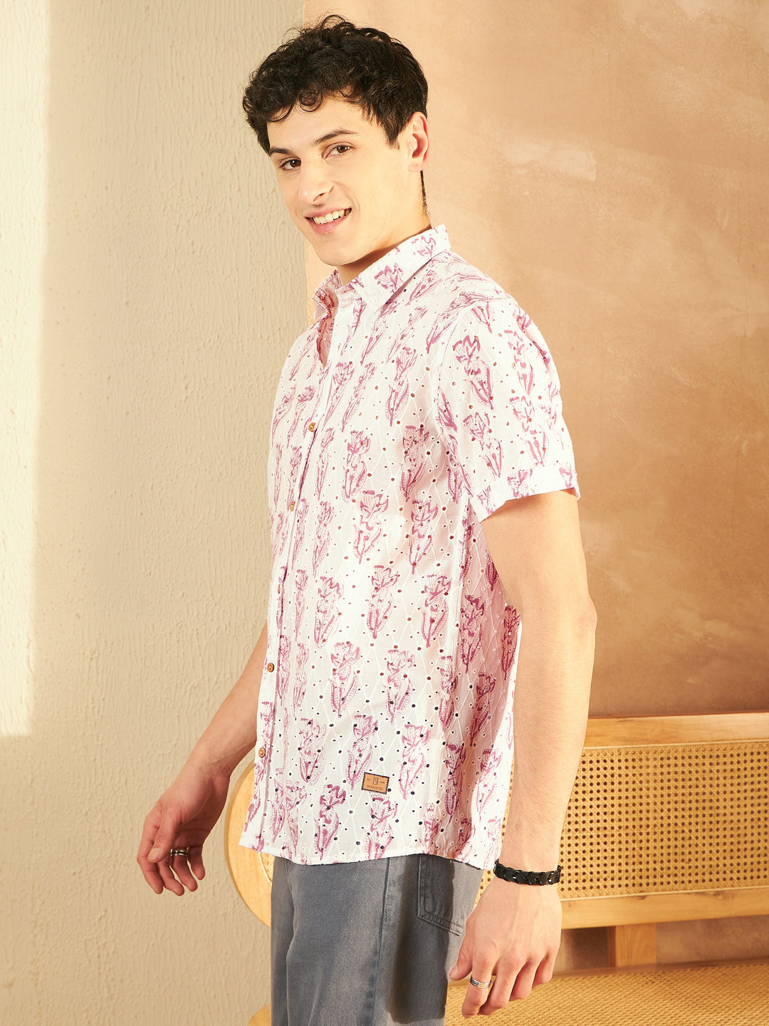 DENNISON White & pink Printed Schiffli Casual Shirt