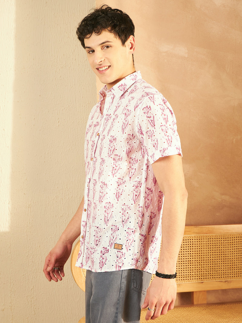White & Pink: Half Sleeves Schiffli Casual Printed Shirt