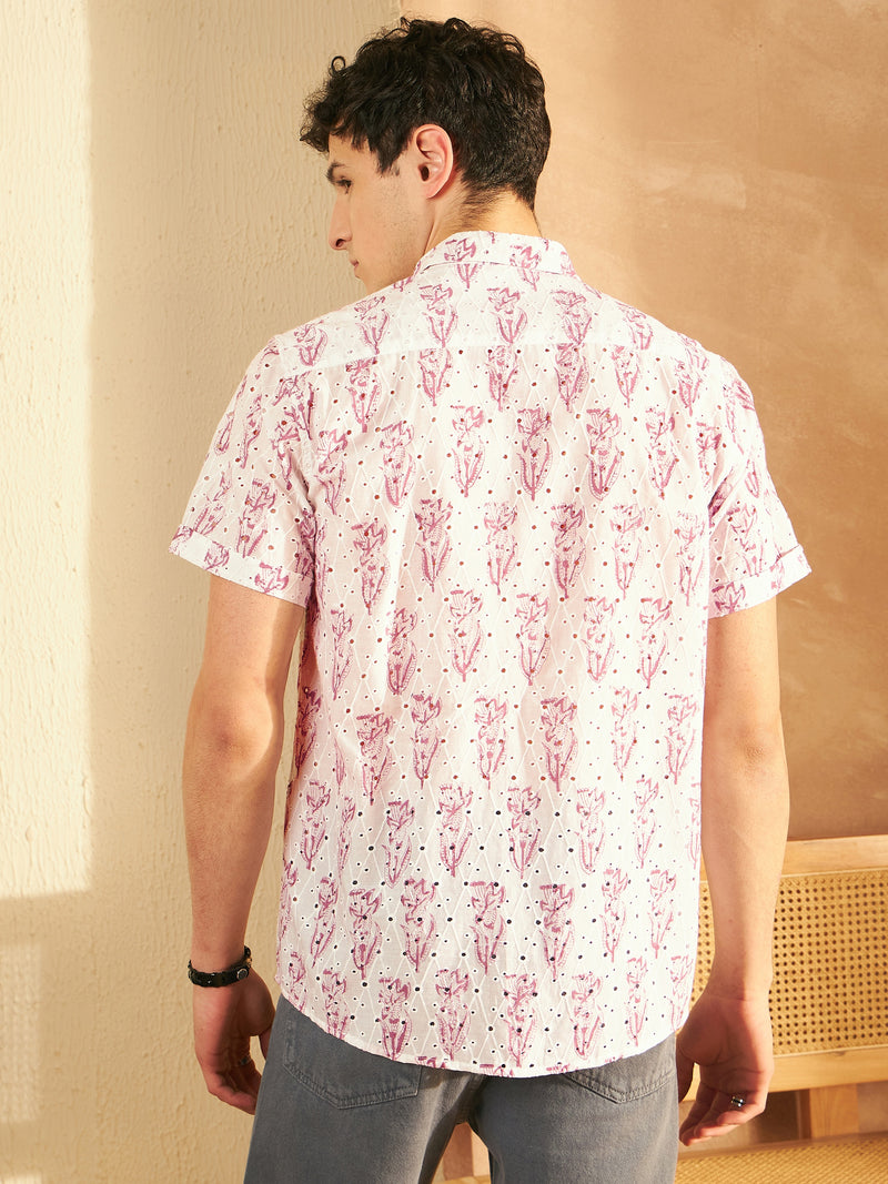 White & Pink: Half Sleeves Schiffli Casual Printed Shirt