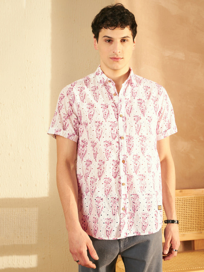 White & Pink: Half Sleeves Schiffli Casual Printed Shirt