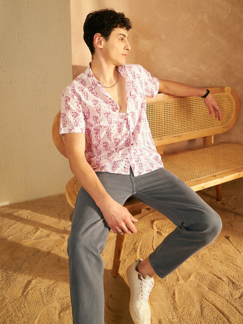 White & Pink: Half Sleeves Schiffli Casual Printed Shirt
