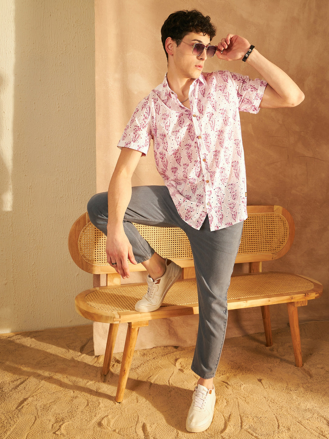 DENNISON White & pink Printed Schiffli Casual Shirt