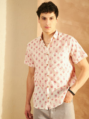 Cream & Pink: Half Sleeves Block Printed Shirt