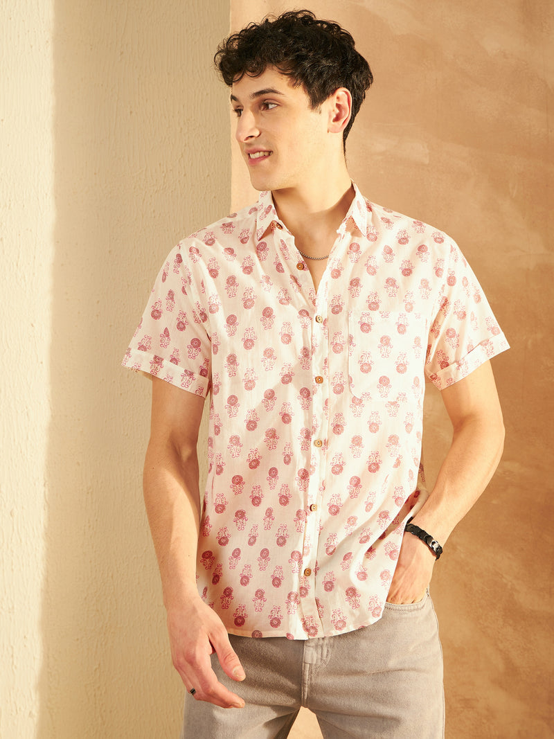 Cream & Pink: Half Sleeves Block Printed Shirt