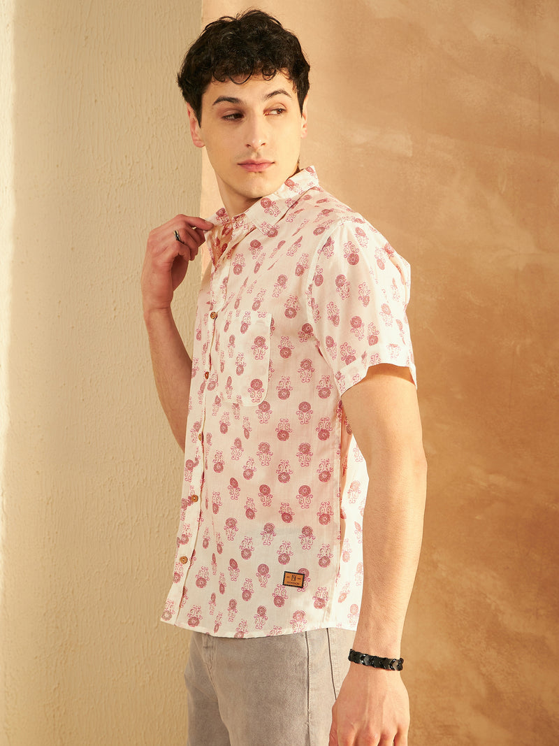 Cream & Pink: Half Sleeves Block Printed Shirt