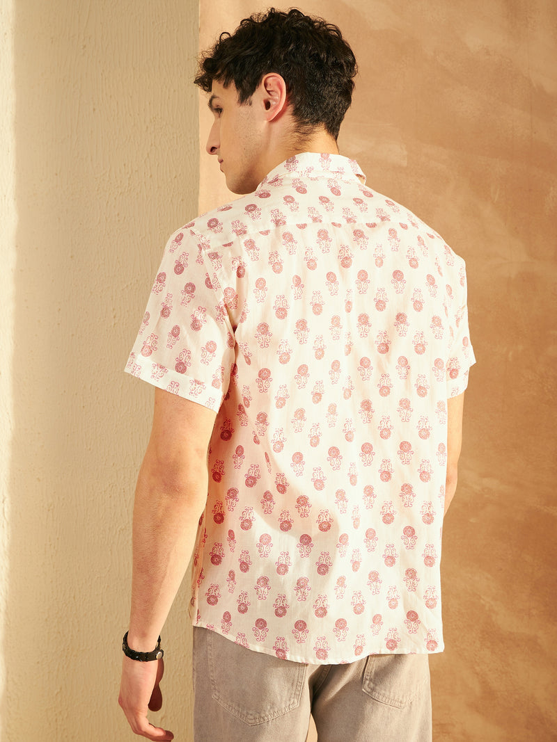 Cream & Pink: Half Sleeves Block Printed Shirt