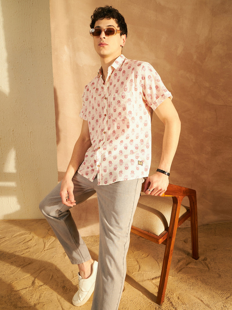Cream & Pink: Half Sleeves Block Printed Shirt