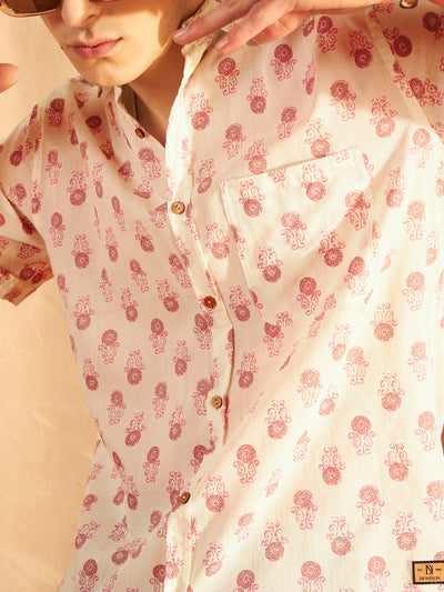 Cream & Pink: Half Sleeves Block Printed Shirt
