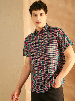 Black & Red: Half Sleeves Block Printed Shirt