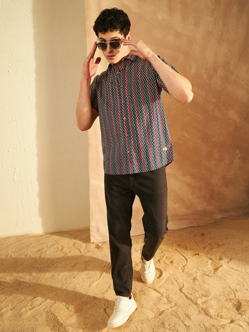 Black & Red: Half Sleeves Block Printed Shirt
