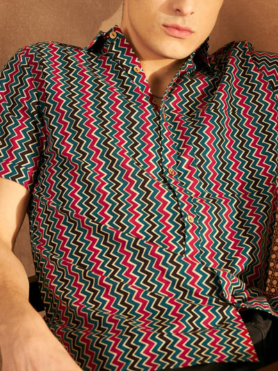 Black & Red: Half Sleeves Block Printed Shirt