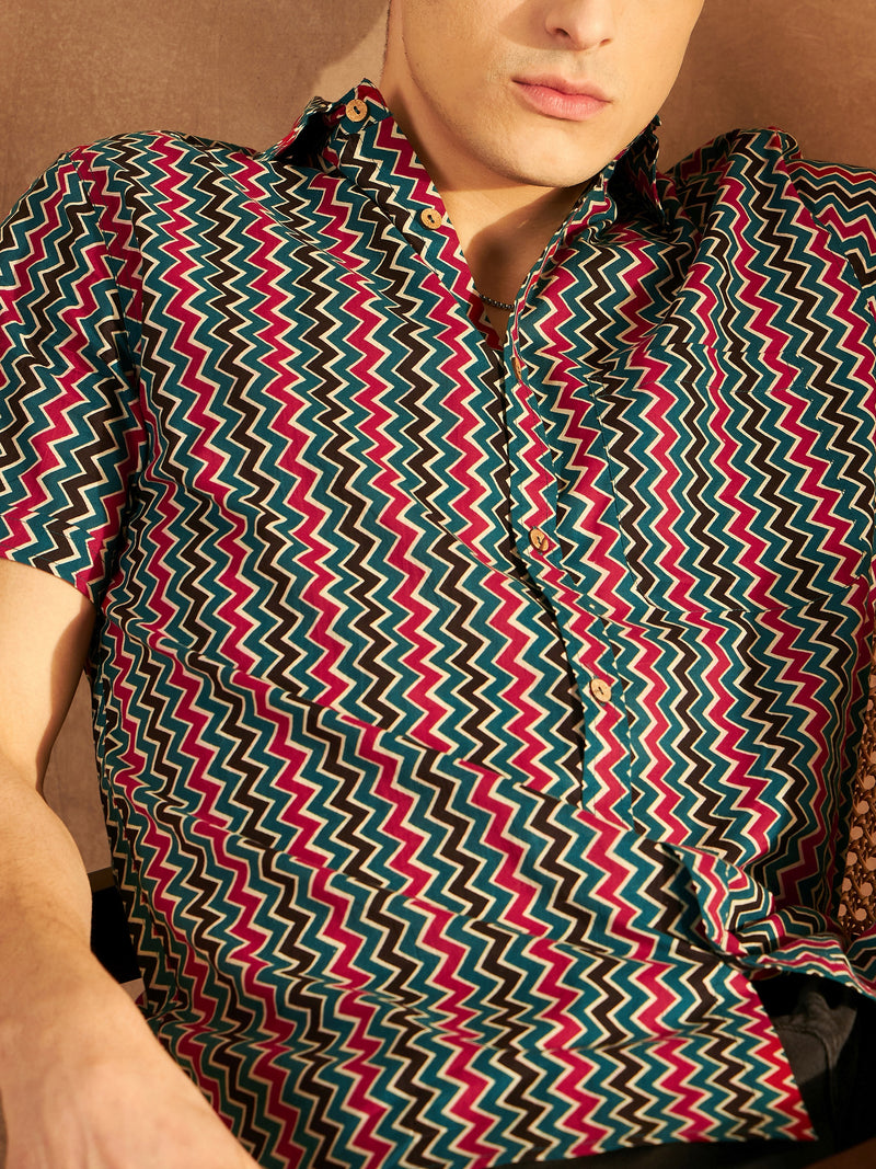Black & Red: Half Sleeves Block Printed Shirt