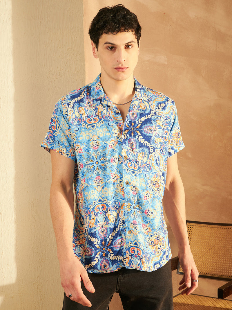 Blue: Half Sleeves Jaipur Printed Shirt