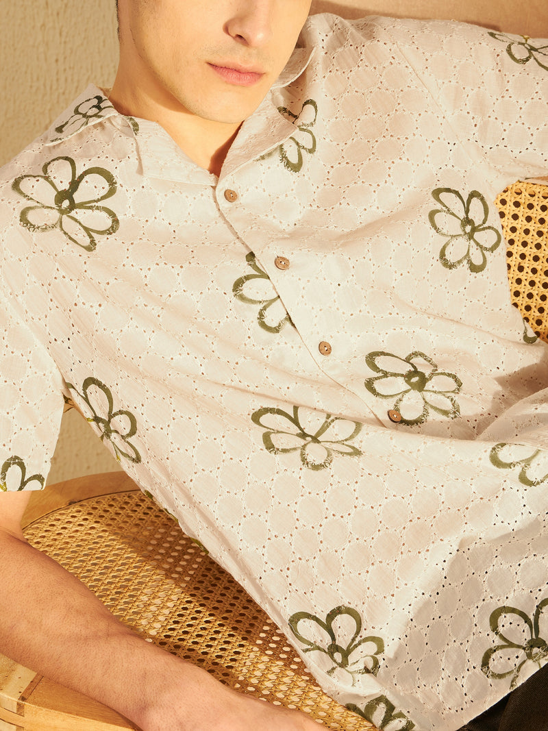 Cream & Green: Self Design Schiffli Casual Shirt