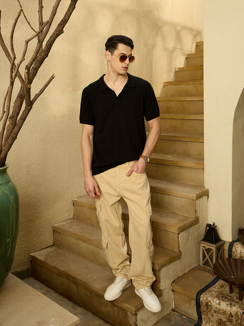 Black: Relaxed Raglan Sleeves Knitted T-Shirt