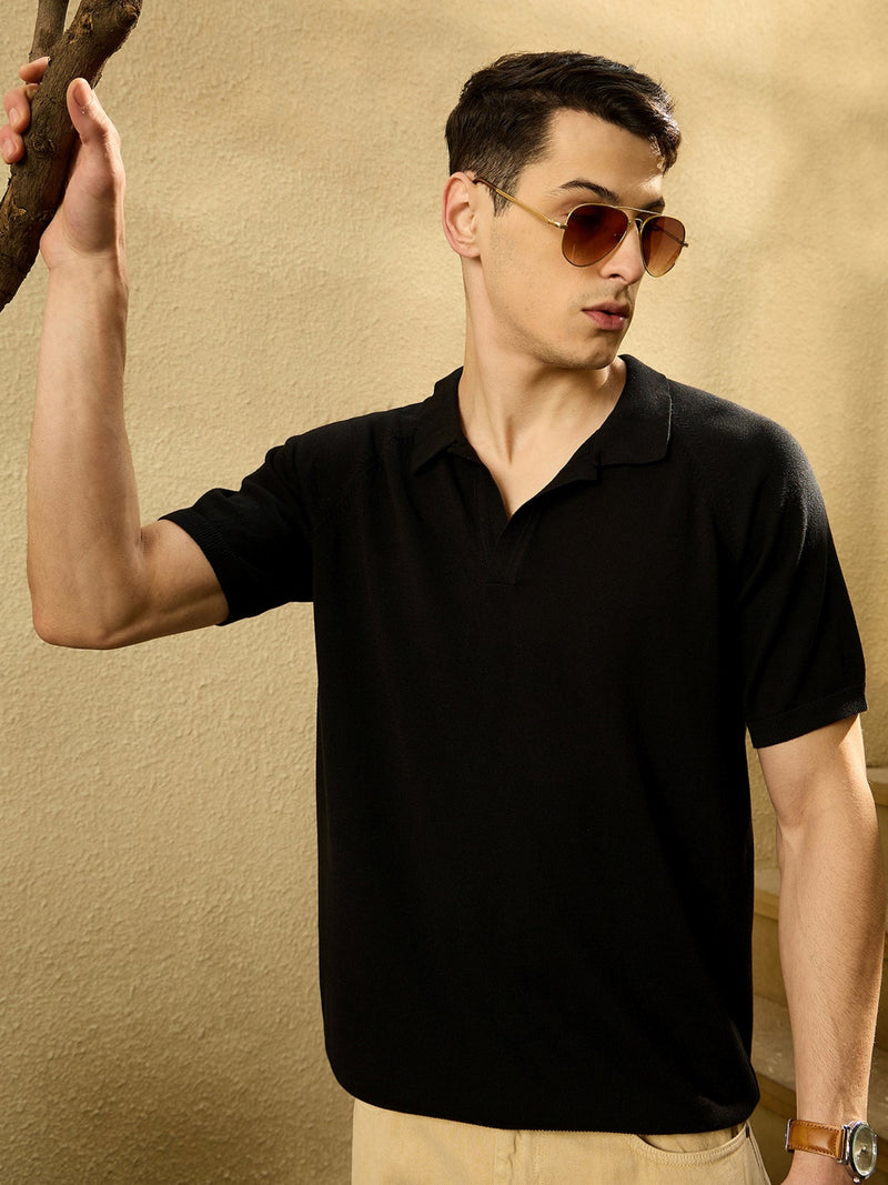 Black: Relaxed Raglan Sleeves Knitted T-Shirt