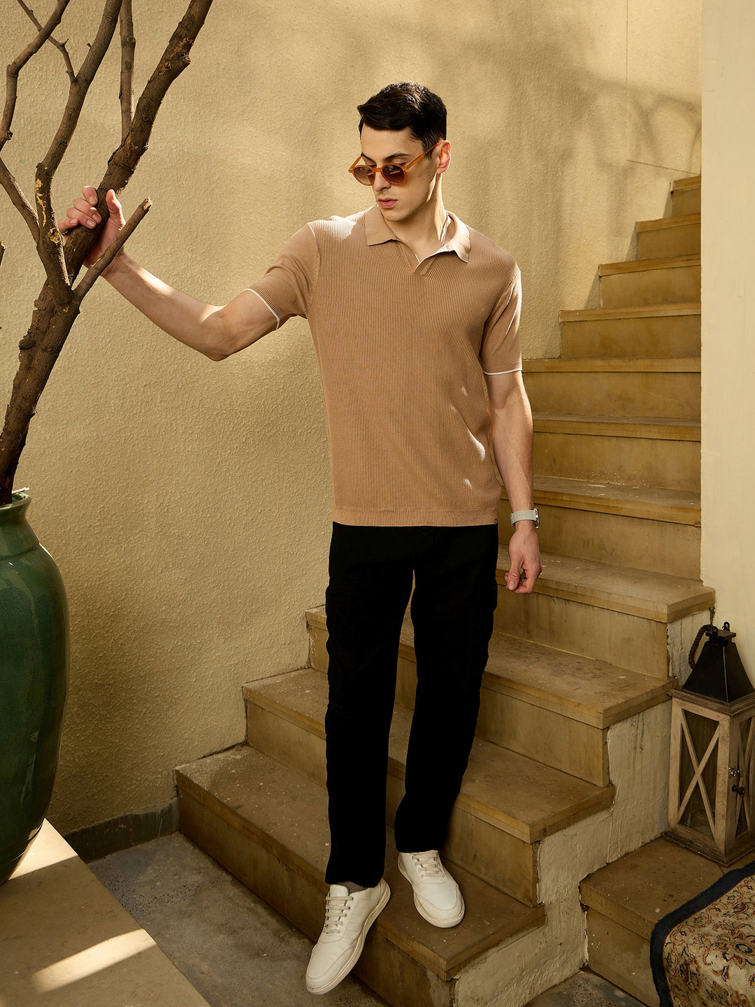 Beige: Textured Polo Collar Knitted T-Shirt