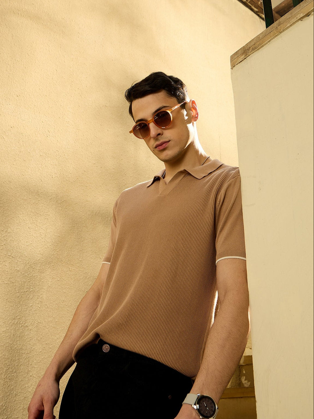 Beige: Textured Polo Collar Knitted T-Shirt