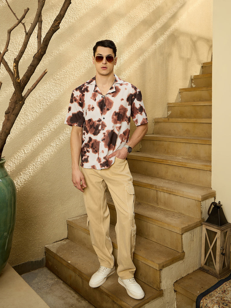 Cream & Brown: Abstract Printed Oversized Shirt
