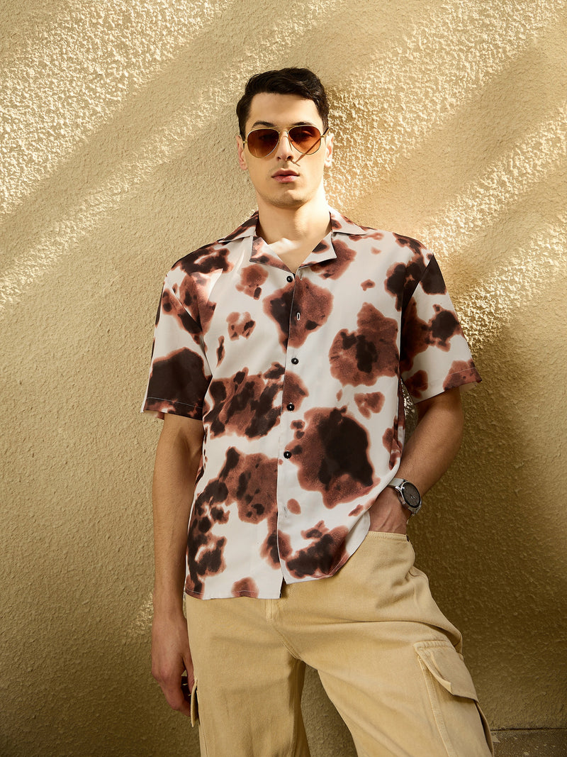Cream & Brown: Abstract Printed Oversized Shirt