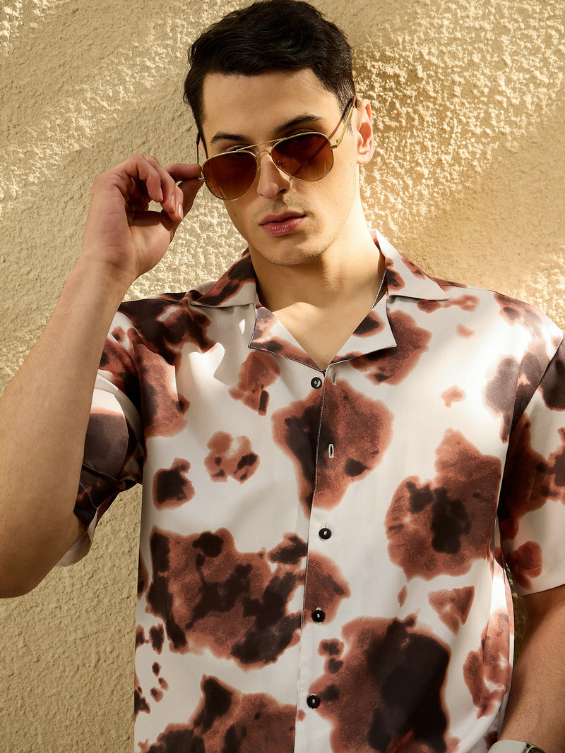 Cream & Brown: Abstract Printed Oversized Shirt
