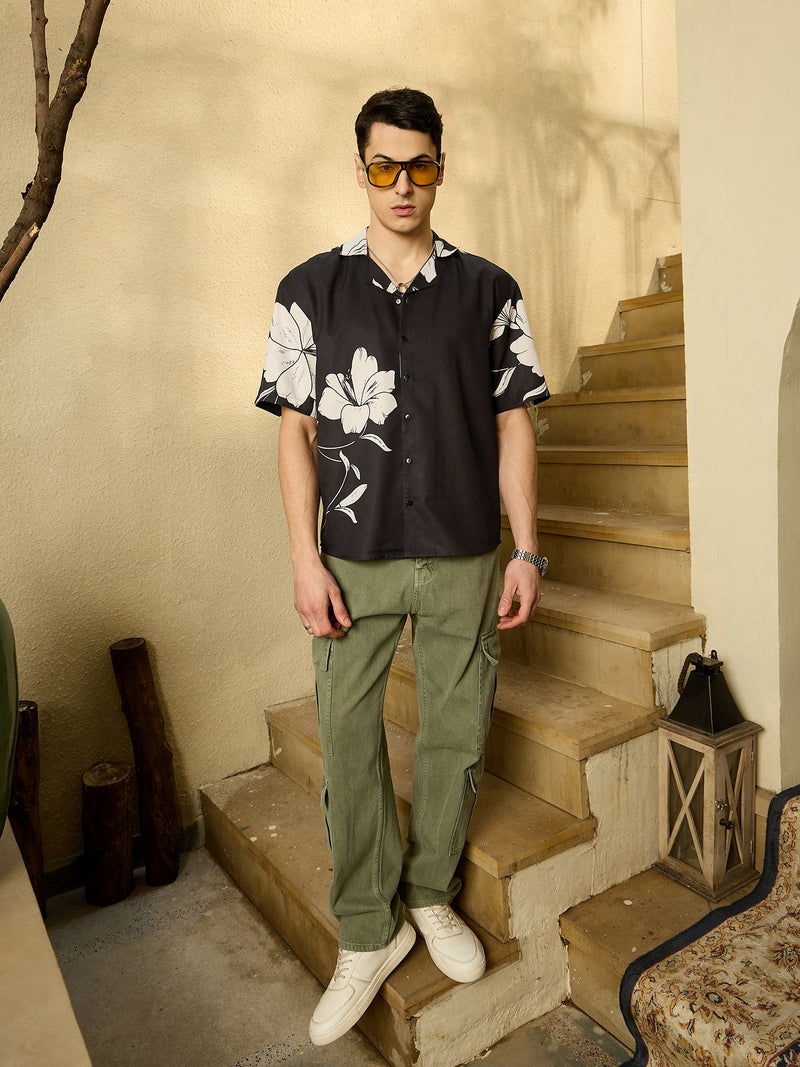 Black & White: Half Sleeves Floral Printed Shirt