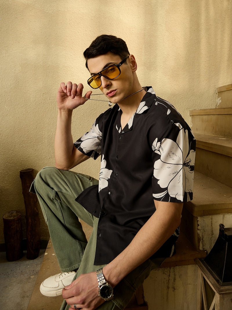 Black & White: Half Sleeves Floral Printed Shirt