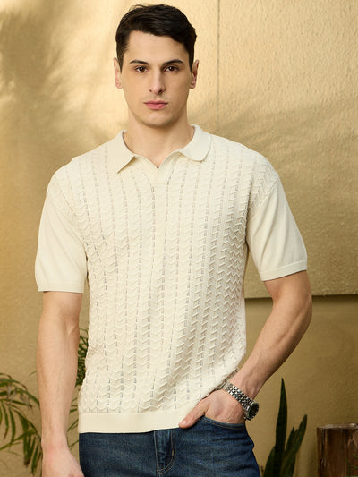 White: Relaxed Textured Polo T-Shirt