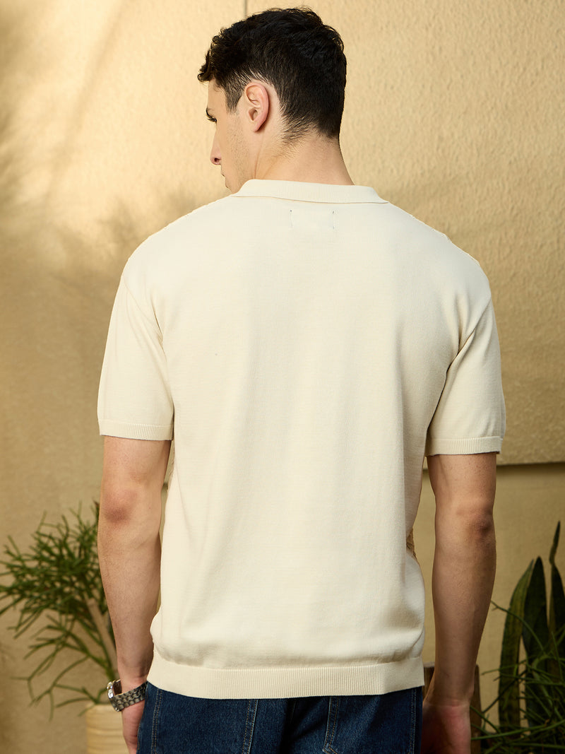 White: Relaxed Textured Polo T-Shirt