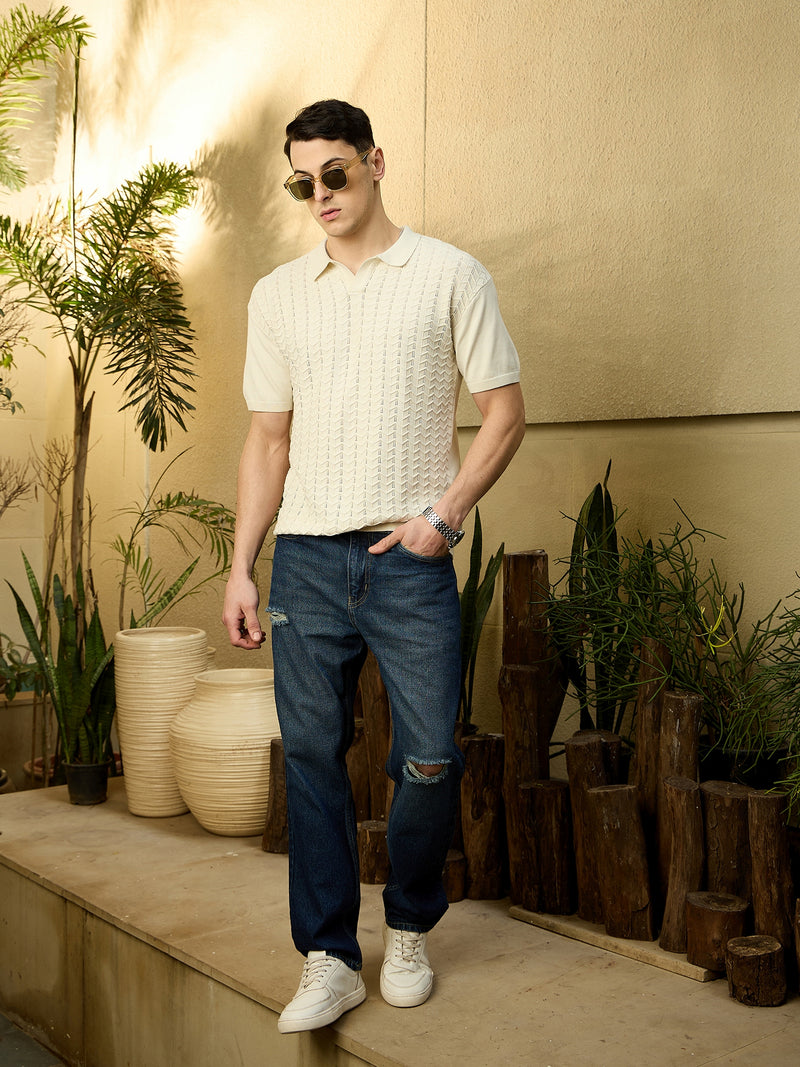 White: Relaxed Textured Polo T-Shirt
